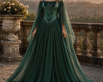 Vestido largo medieval, vestido de feria renacentista, disfraz de fantasía celta, atuendo pagano para LARP, vestido de novia vikingo