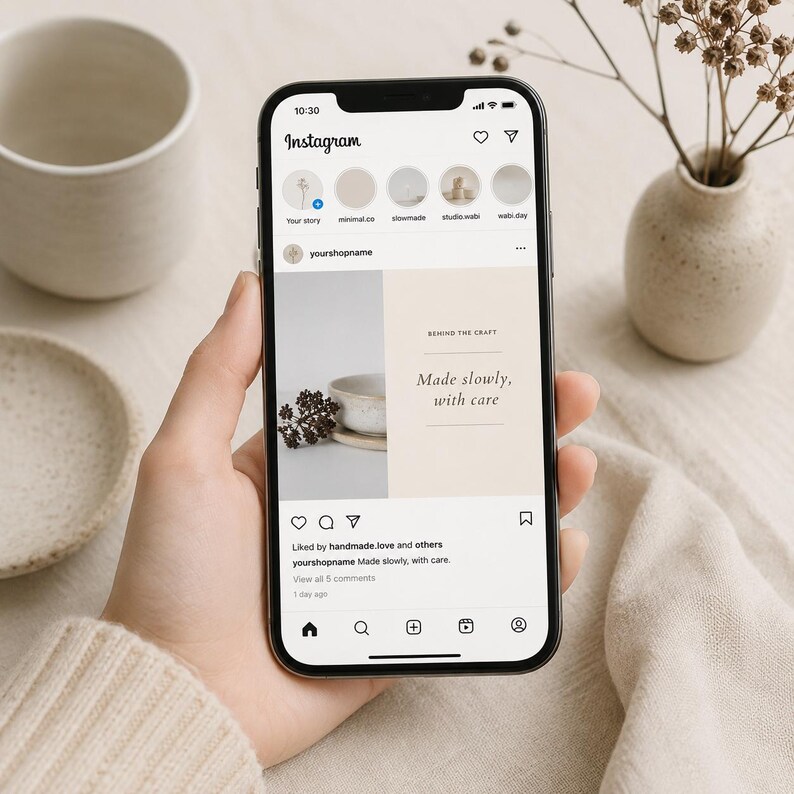 Puede incluir: Un tel&eacute;fono inteligente muestra una publicaci&oacute;n de Instagram con el texto "Made slowly, with care". El tel&eacute;fono se sostiene en una mano, con un fondo neutro. Tambi&eacute;n se ven una taza de cer&aacute;mica y un jarr&oacute;n con flores secas.