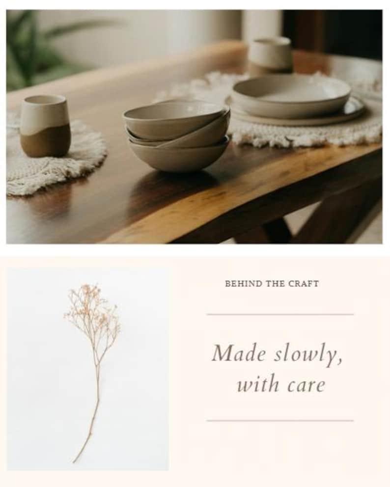 Puede incluir: Una mesa de madera exhibe una pila de cuencos de cer&aacute;mica beige, platos y una taza. La taza es de dos tonos, con una base marr&oacute;n y una parte superior beige. Tambi&eacute;n se ve el texto "Made slowly, with care".