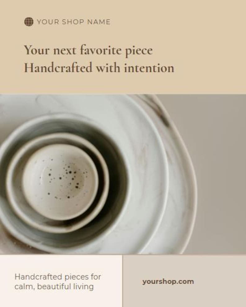 Puede incluir: Una pila de cuencos y platos de cer&aacute;mica blanca hechos a mano. Los cuencos est&aacute;n anidados, con un cuenco peque&ntilde;o en el centro. El texto dice: "Your next favorite piece Handcrafted with intention".