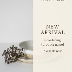 Puede incluir: Anuncio de producto minimalista. La imagen presenta un cuenco y un plato de cer&aacute;mica blanca, con flores secas. El texto a la derecha dice "NUEVA LLEGADA" y "Disponible ahora."