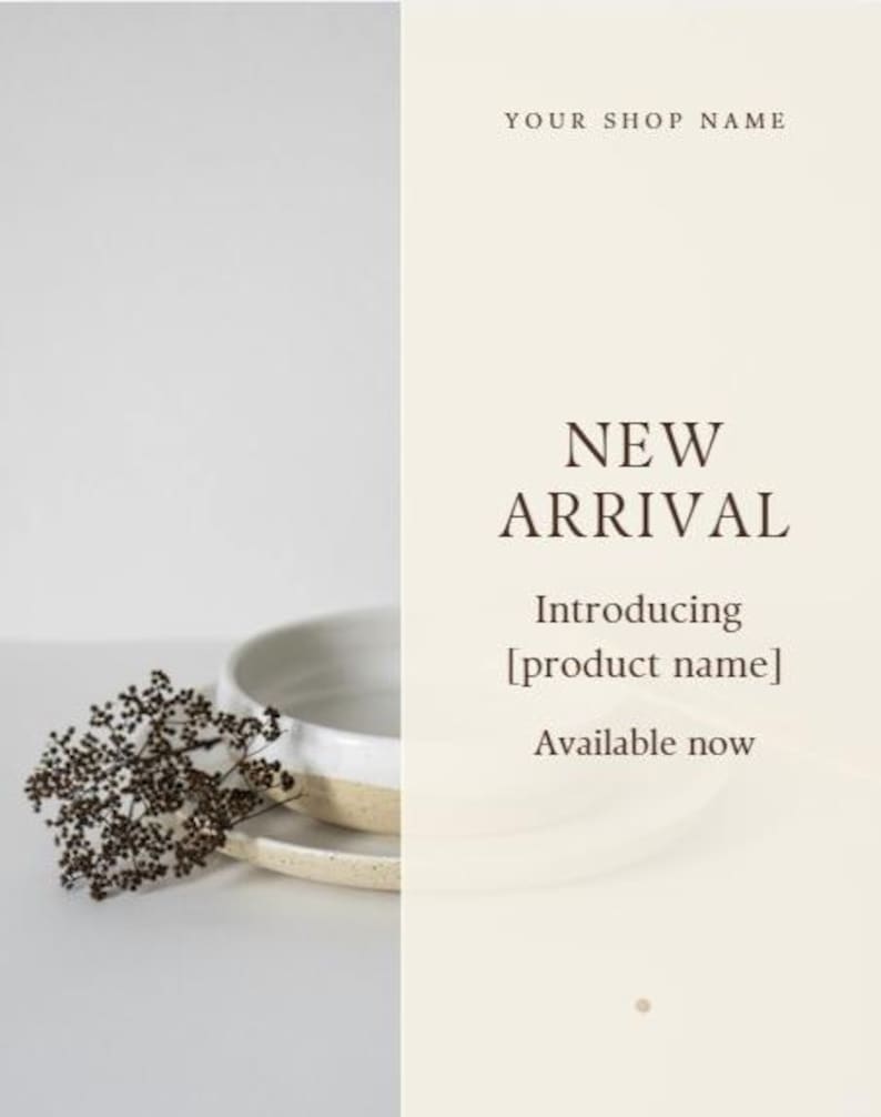Puede incluir: Anuncio de producto minimalista. La imagen presenta un cuenco y un plato de cer&aacute;mica blanca, con flores secas. El texto a la derecha dice "NUEVA LLEGADA" y "Disponible ahora."