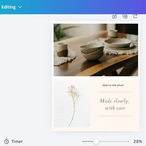 Puede incluir: Un dise&ntilde;o de Canva con una mesa de madera con cuencos, platos y una taza de cer&aacute;mica. Debajo, una ramita de flores secas y el texto "Made slowly, with care."
