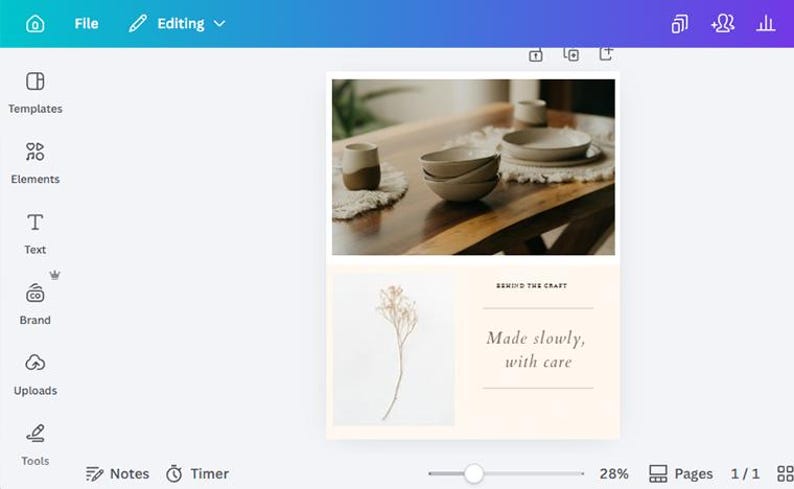 Puede incluir: Un dise&ntilde;o de Canva con una mesa de madera con cuencos, platos y una taza de cer&aacute;mica. Debajo, una ramita de flores secas y el texto "Made slowly, with care."