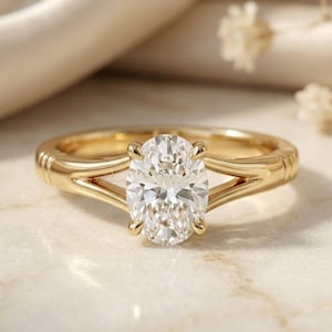 Jonc solitaire ovale fendu en moissanite ou diamants de laboratoire - Or massif ou argent