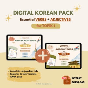 TOPIK 1 Korean Verbs & Adjectives Bundle, Essential Conjugation Lists (Digital PDF)
