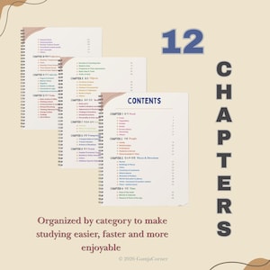 May include: A spiral-bound study guide featuring 12 chapters of organized content. The pages display a table of contents with categories like Food, People, Places, and Directions. The text reads 12 CHAPTERS and Organized by category to make studying easier, faster and more enjoyable.