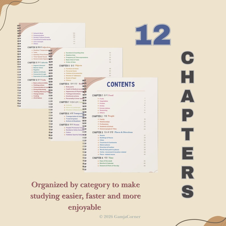 May include: A spiral-bound study guide featuring 12 chapters of organized content. The pages display a table of contents with categories like Food, People, Places, and Directions. The text reads 12 CHAPTERS and Organized by category to make studying easier, faster and more enjoyable.