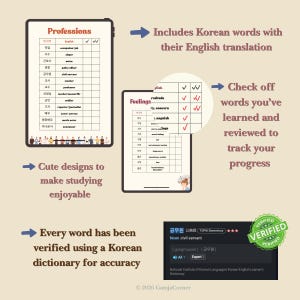 May include: A digital study guide featuring two tablet screens displaying vocabulary lists for professions and feelings in Korean and English. The layout includes checkmark columns for tracking progress, illustrated characters, and a verified dictionary entry.