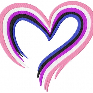 May include: An embroidered heart patch featuring concentric layers of pink, white, purple, black, and blue thread. The heart shape is stylised with open, sweeping lines that taper at the bottom, creating a layered, multi-coloured effect.