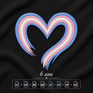 May include: An embroidered heart-shaped patch featuring horizontal stripes in light blue, pink, and white. Below the heart, the text reads 6 sizes, followed by a row of file format labels: DST, EXP, PES, HUS, JEF, VP3, VIP, and XXX.