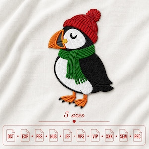 Winter Puffin Embroidery Design, Cute Puffin Machine Embroidery File, Bird in Beanie and Scarf (Instant Download)
