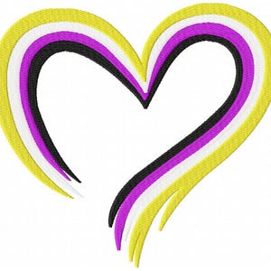 Puede incluir: Un parche bordado en forma de corazón con franjas concéntricas en amarillo, blanco, morado y negro. El diseño está abierto en la parte inferior con extremos cónicos que recuerdan a pinceladas, creando una apariencia fluida y texturizada.