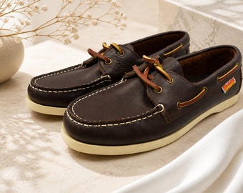 Zapatos náuticos Kodak vintage para hombre, talla 8 M, cuero marrón con caja. Venta de empleados - Raros.