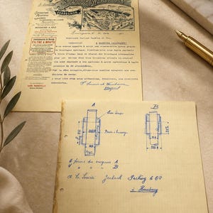 May include: An antique document with French text, technical drawings, and a gold pen. The document features the text "ATELIERS MONSVILLE" and "SIMONIS WAMBREUSE". The technical drawings include measurements in millimeters. The overall theme is vintage industrial design.