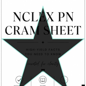 May include: A white study sheet with the text "NCLEX PN CRAM SHEET" in large black letters. A black star shape with a teal outline is in the center. The sheet includes the text "HIGH-YIELD FACTS YOU NEED TO KNOW" and icons.