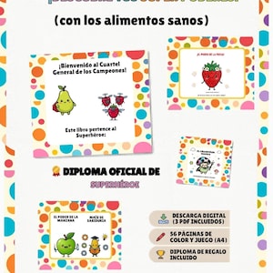 Puede incluir: Una descarga digital colorida para un libro infantil sobre hábitos alimenticios saludables. El título es "¡Descubre tus súper poderes!" con ilustraciones de frutas y verduras. Incluye un diploma y 56 páginas para colorear y jugar.