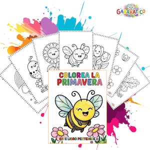 Puede incluir: Un libro para colorear titulado "Colorea la Primavera" con una abeja sonriente y flores. El libro está rodeado de varias páginas para colorear con diversas ilustraciones con temas de primavera, incluyendo un girasol, tulipanes y un pájaro. El fondo tiene salpicaduras de pintura coloridas.