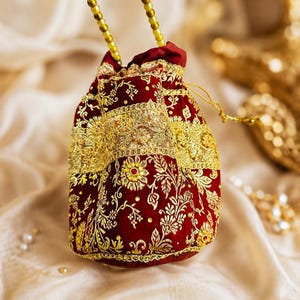 Handmade Banarasi Potli Bag, Maroon Zari Embroidered, Pearl Handle Bridal Purse image 3
