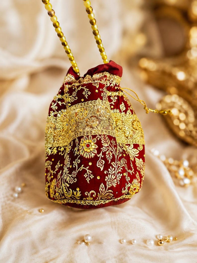 Handmade Banarasi Potli Bag, Maroon Zari Embroidered, Pearl Handle Bridal Purse image 3