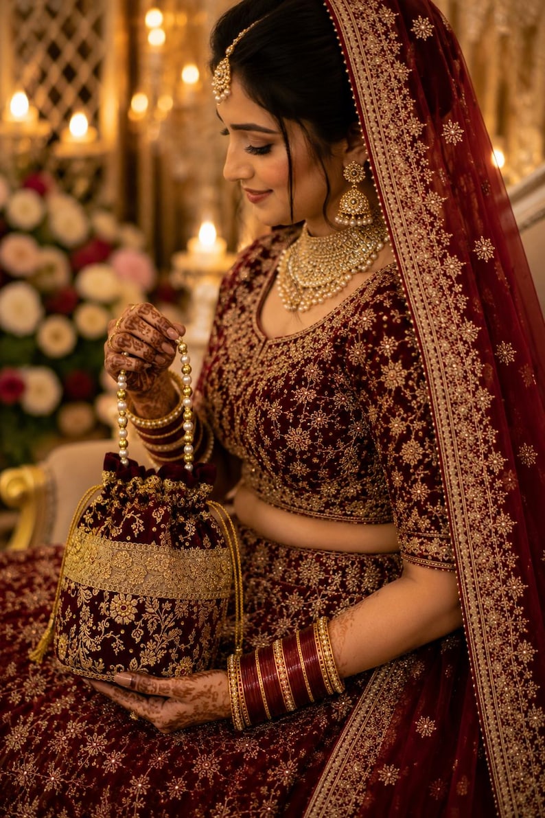 May include: A deep maroon velvet drawstring handbag featuring intricate gold floral embroidery and a beaded pearl handle. The bag is adorned with a wide gold metallic band and matching gold drawstring cords, showcasing a rich, textured finish.