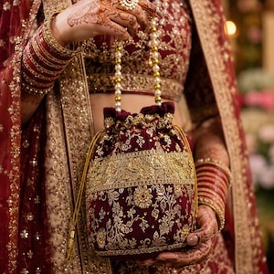 Handmade Banarasi Potli Bag, Maroon Zari Embroidered, Pearl Handle Bridal Purse image 4
