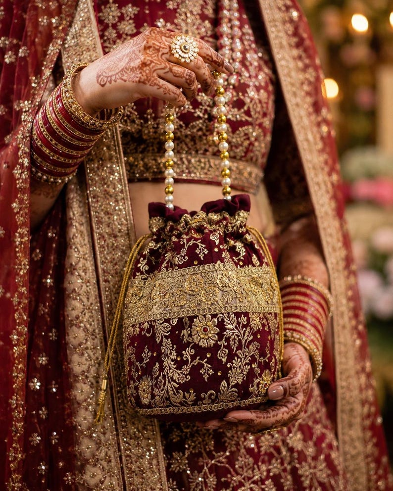 Handmade Banarasi Potli Bag, Maroon Zari Embroidered, Pearl Handle Bridal Purse image 4