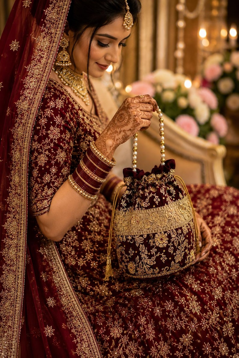 May include: A deep maroon velvet drawstring pouch featuring intricate gold floral embroidery and a wide metallic gold band. The bag includes a pearl-beaded handle and gold cord drawstrings with tassels, matching the ornate aesthetic of the attire.