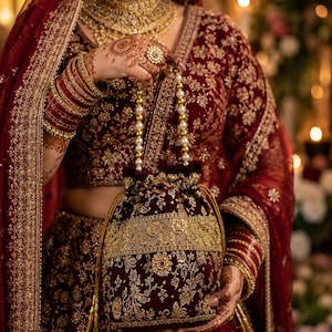 Handmade Banarasi Potli Bag, Maroon Zari Embroidered, Pearl Handle Bridal Purse image 7