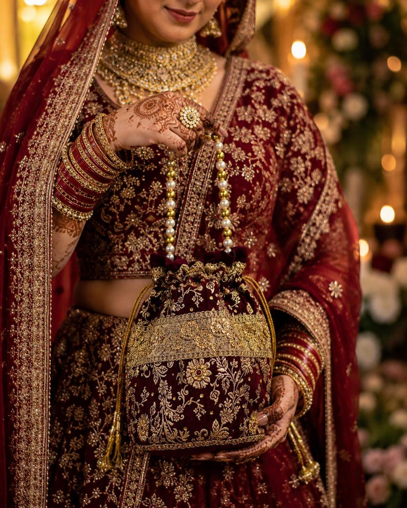 Handmade Banarasi Potli Bag, Maroon Zari Embroidered, Pearl Handle Bridal Purse image 7