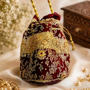 Handmade Banarasi Potli Bag, Maroon Zari Embroidered, Pearl Handle Bridal Purse image 5