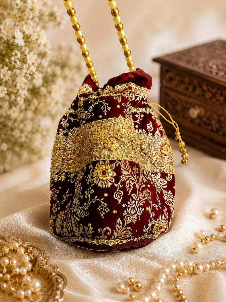 Handmade Banarasi Potli Bag, Maroon Zari Embroidered, Pearl Handle Bridal Purse image 5
