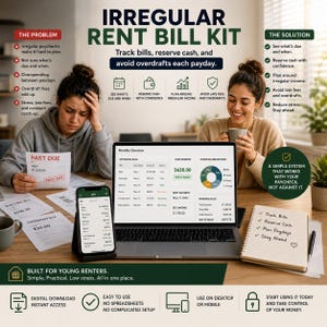 May include: An advertisement for an Irregular Rent Bill Kit. The image features a laptop, smartphone, and notepad displaying financial information. The text addresses the issue of irregular paychecks and offers a solution to manage bills and avoid overdrafts. Designed for young renters.