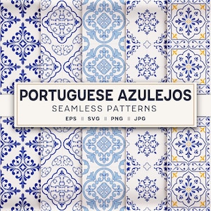Portuguese Azulejo Seamless Patterns, Blue Tile Digital Paper, 5 Traditional Tile Patterns