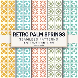 Può includere: Una collezione digitale di cinque motivi continui con forme geometriche in giallo, azzurro, corallo, verde oliva e verde acqua. Un'etichetta rettangolare bianca centrale mostra il testo RETRO PALM SPRINGS SEAMLESS PATTERNS EPS SVG PNG JPG COLLECTION 1.