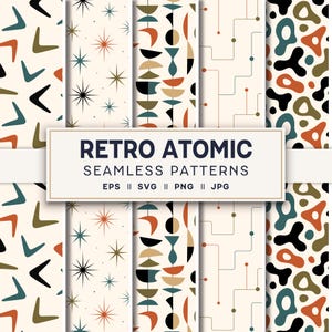 May include: A collection of five seamless patterns featuring mid-century motifs like boomerangs, starbursts, abstract shapes, and geometric lines in orange, teal, olive, and black on a cream background, with the text RETRO ATOMIC SEAMLESS PATTERNS.
