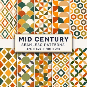 Peut inclure: Plusieurs motifs sans couture de style milieu du siècle avec des motifs géométriques. Les motifs présentent des losanges, des cercles et d'autres formes dans une palette d'orange, de vert et de marron. Le texte "MID CENTURY SEAMLESS PATTERNS" est affiché.