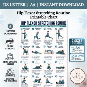 Hip Flexor Stretching Routine Printable Chart, 16 Gentle Stretches for Tight Hips, Lower Back Pain Relief Hip Mobility PDF Poster