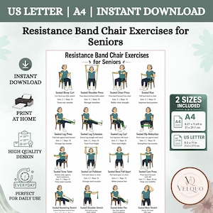 Resistance Band Chair Exercises for Seniors, Seated Workout Chart Printable, Elderly Fall Prevention Poster, Senior Home Exercise PDF