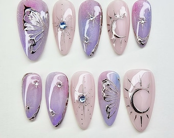Paarse lavendel en roze Cat Eye pers op nagels, Celestial Star Sun Moon-nagels, zilverchroom nepnagels, vlindernagels, verjaardagsnagels