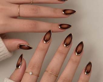 Amber Brown Gold Frame Press On Nails, Fall Winter Nails, Elegant Nails, Tiger Eye Cat Eye Chrome Nails, Daily Nails, Minimalist Nails