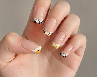 Kat Franse tip pers op nagels, Kitty Animal nepnagels, minimale nagelset voor kattenliefhebber, kattenmoeder, kawaii nagelset, lente zomer nagels