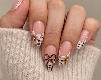 Brown and White Plaid French Tip Press On Nails, Gingham Nails, Elegant Nails, Y2K Nails, 3D Bow and Flower Nails, Fall Winter Nails