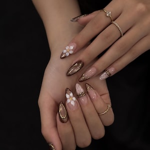 Best Selling Brown Floral Press On Nails | Gold Chrome  Nails | Handmade Reusable Glue On Nails | Fall Winter Nails| Brown Cat Eye Nails