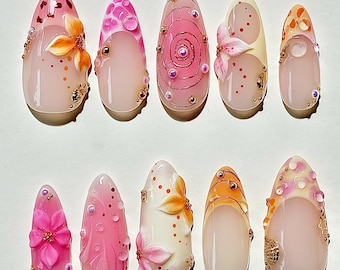 3D roze en oranje bloem pers op nagels, kawaii-nagelset, Y2K-nagels, pastelkleurige esthetische nagels, lente zomernagels, 3D-gelnagels, 3D-gelnagels