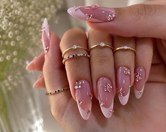 Rhinestone Shiny Pink French Press On Nails, Pink Nails, Elegant Nails, Custom Nails, Pink Flower Gem Junk Nails,  Spring Summer Nails