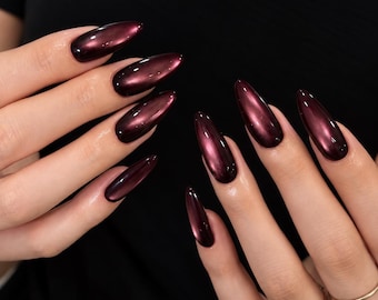 Zwarte en bordeauxrode cat eye plaknagels, zwarte kersennagels, Y2K-nagels, elegante nagels, simpele nagels, dagelijkse nagels, herfst/winternagels