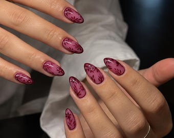 Burgundy Floral Nails Press On Nails, Fall Winter Nails, Dark Red Cherry Nails, Basic Nails, Y2K Nails, Elegant Nails, Simple Nails