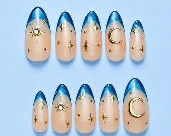 Glitzernde French-Cat-Eye-Press-On-Nägel, blaue Nägel, Sternen-, Mond- und Sonnennägel, goldene Chromnägel, blaues Katzenaugen-Design