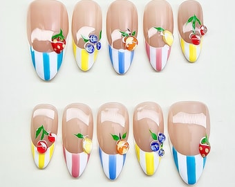 3D zomerfruit gestreepte french press op nagels, bosbes citroen sinaasappel aardbei kers nagels, lente zomer nagels, kawaii nagels, schattige nagels